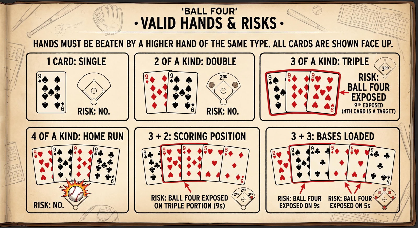 Ball Four valid-hands player aid showing Singles, Doubles, Triples, Home Runs, Scoring Positions, and Bases Loaded plays. It marks Ball Four as exposed by any Triple portion.