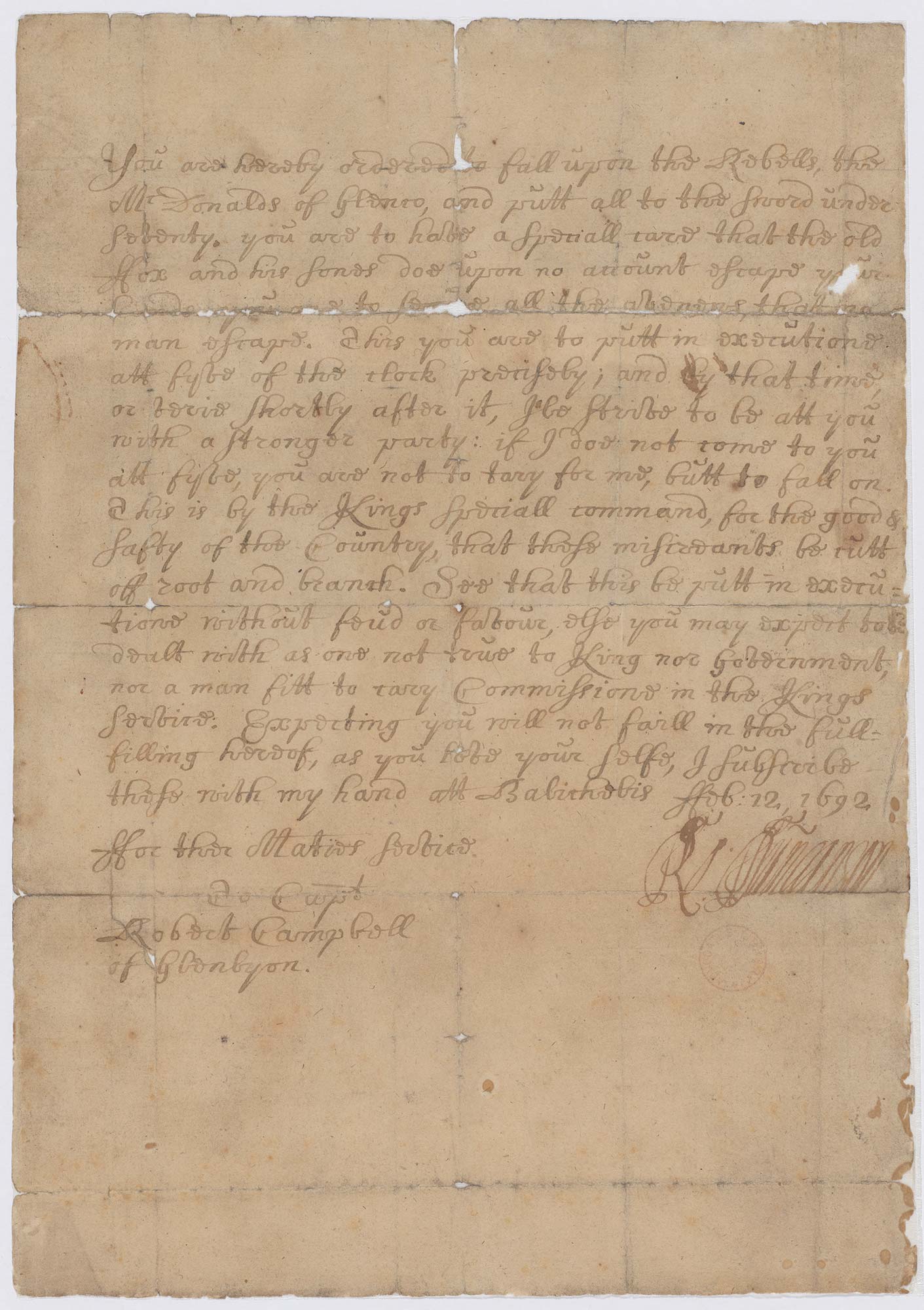 Original 1692 written order for the Massacre of Glencoe